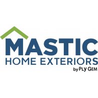 Logo for Mastic Home Exteriors by Ply Gem, featuring the company name in bold blue letters. A green roof-like shape is above the letter "M", symbolizing its trusted reputation as a top roofer in New Castle County, DE.