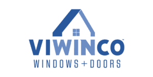 Logo for Viwinco Windows + Doors featuring a simplistic house icon with a window above the company name in bold letters. The design uses shades of blue on a blue background, ideal for roofers in New Castle County seeking seamless integration with their projects.