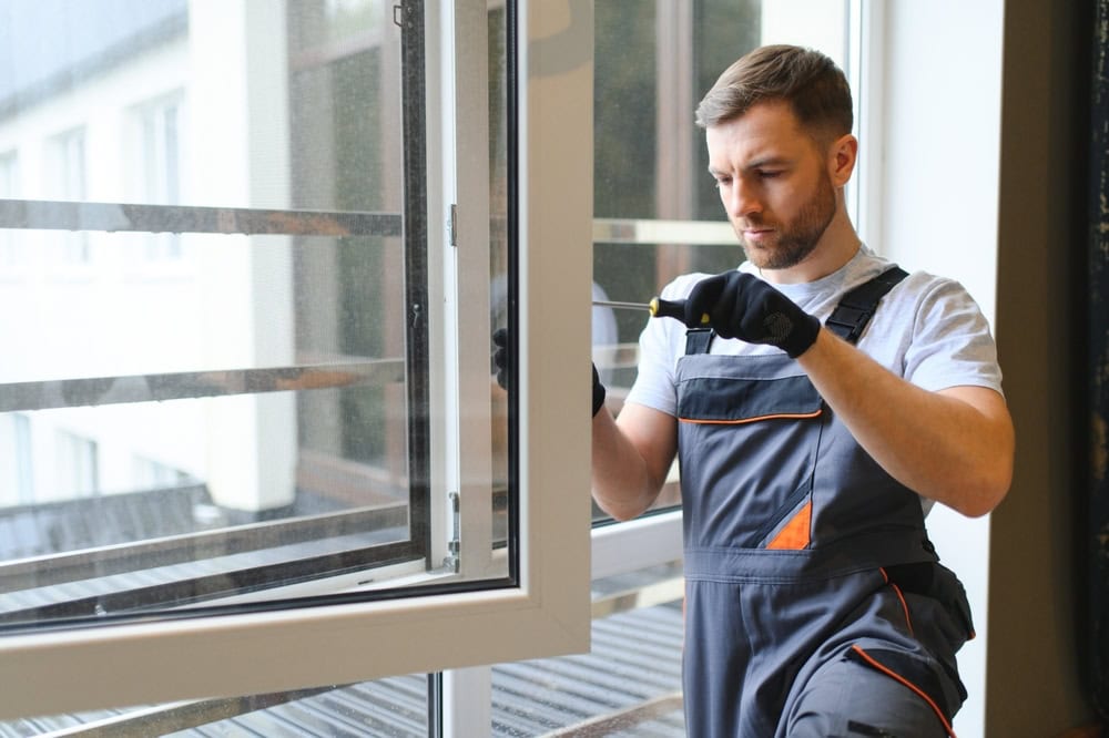 A roofer in a work uniform installs a window, holding a screwdriver. He wears black gloves and focuses intently on his task. The partly open window offers a view of another building, reminiscent of scenes from roof repair projects in New Castle County, DE.